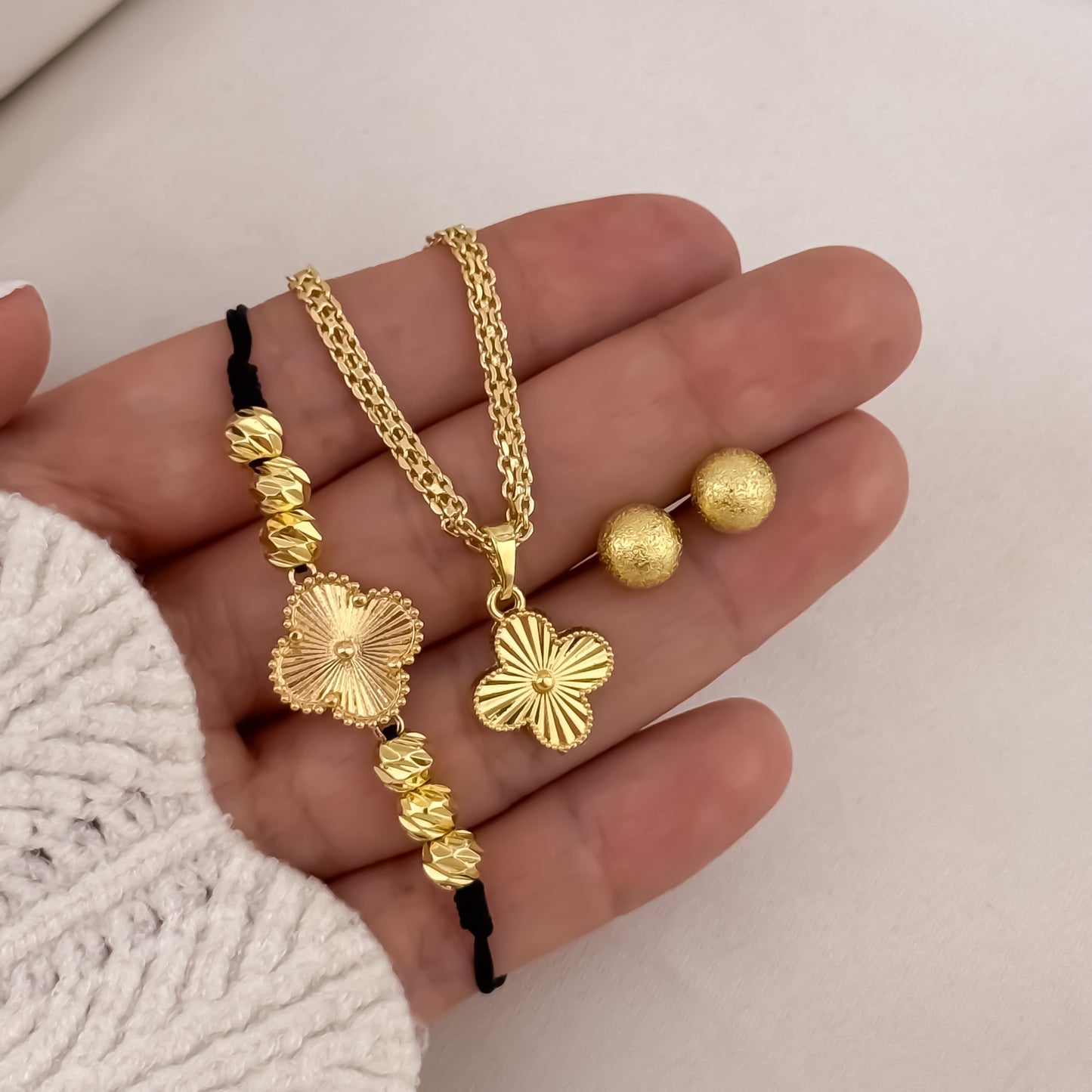 Cadena Tejido Chino de 45cm de 3mm + Dije Van Cleef  + Pulsera Van Cleef + Topo Balin Diamantado de 6mm en Oro Laminado 18k con Garantia de por vida