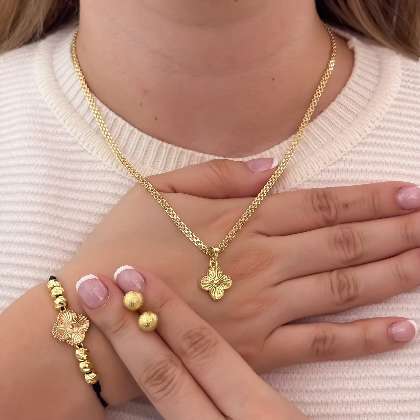 Cadena Tejido Chino de 45cm de 3mm + Dije Van Cleef  + Pulsera Van Cleef + Topo Balin Diamantado de 6mm en Oro Laminado 18k con Garantia de por vida