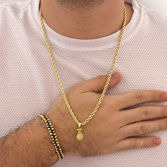 Cadena Tejido Lazo Siciliano de 60cm de 5mm + Dije de Bolsa de Dinero con Micro Circones + Pulsera Doble Carril Italiano de 5mm en Oro laminado 18k con Garantía de por vida
