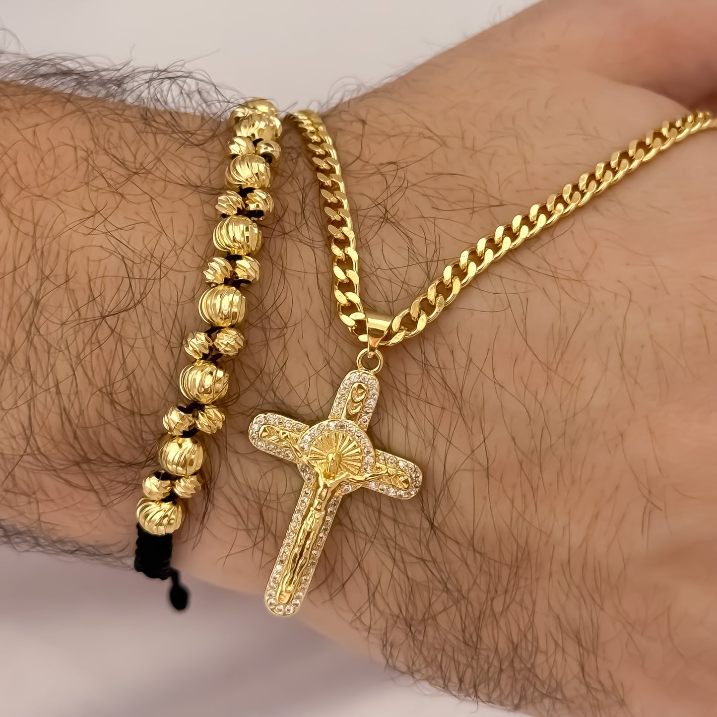 Cadena Tejido Cubana Hombre de 60cm de 3mm + Cruz San Benito con Micro circones + Pulsera Doble Carril en Balin italiano de 4mm en Oro Laminado 18k con Garantia de por vida