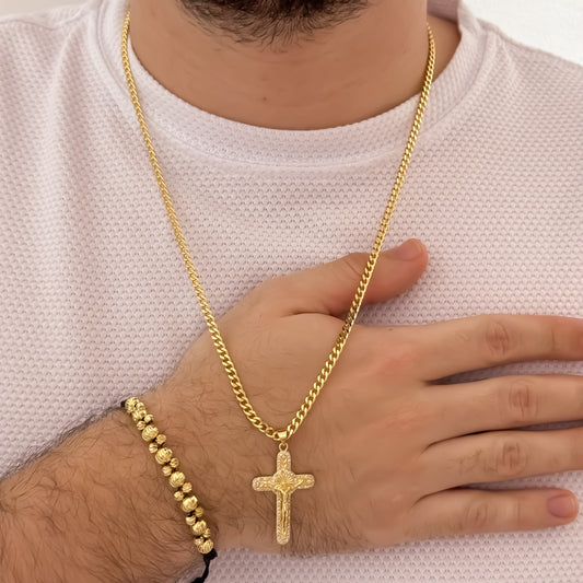 Cadena Tejido Cubana Hombre de 60cm de 3mm + Cruz San Benito con Micro circones + Pulsera Doble Carril en Balin italiano de 4mm en Oro Laminado 18k con Garantia de por vida