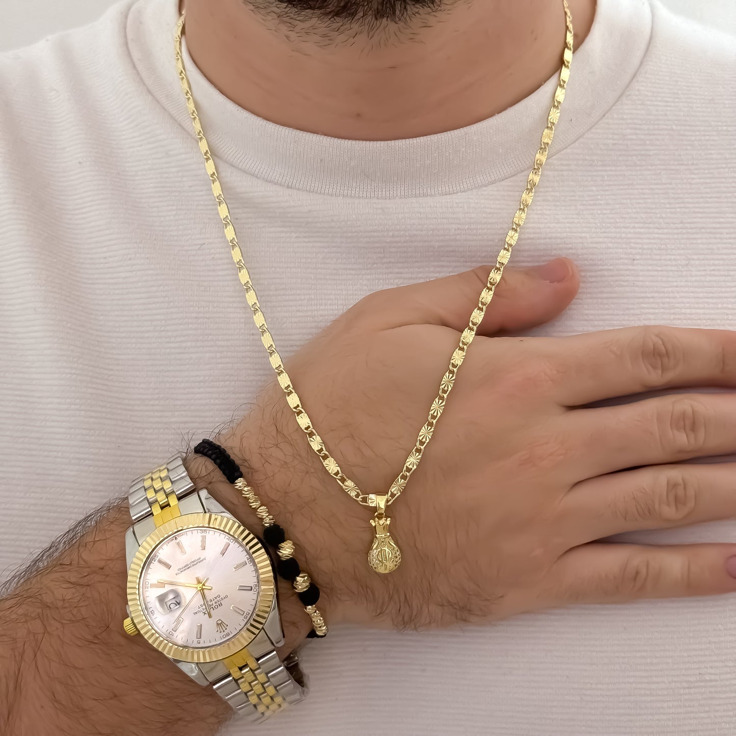 Cadena Tejido Escalera Con Destello de 60cm de 3mm + Bolsa de Dinero con Micro Circones + Pulsera Balin italiano de 5mm en Oro Laminado 18k con Garantía de por vida