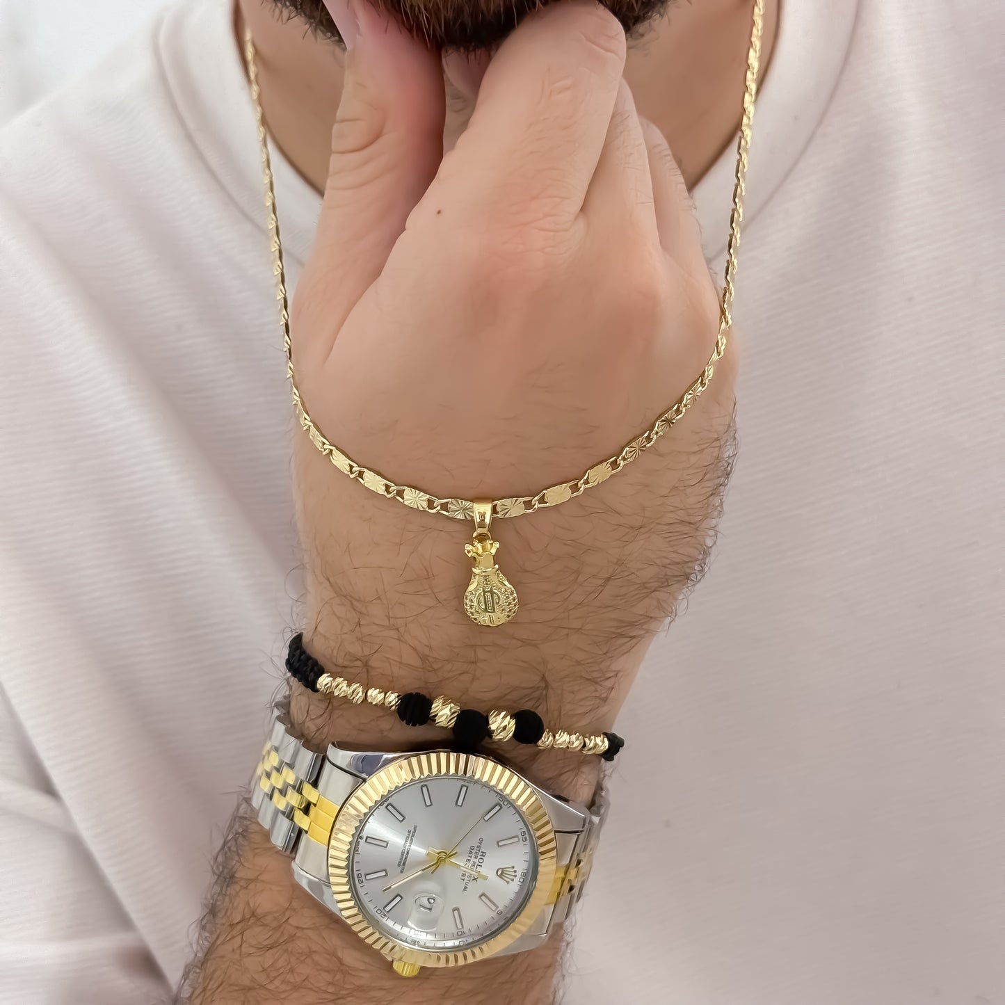 Cadena Tejido Escalera Con Destello de 60cm de 3mm + Bolsa de Dinero con Micro Circones + Pulsera Balin italiano de 5mm en Oro Laminado 18k con Garantía de por vida