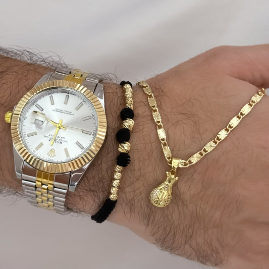 Cadena Tejido Escalera Con Destello de 60cm de 3mm + Bolsa de Dinero con Micro Circones + Pulsera Balin italiano de 5mm en Oro Laminado 18k con Garantía de por vida