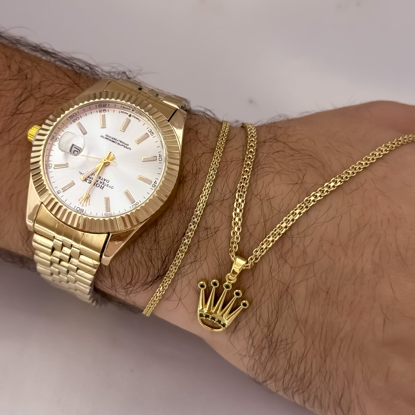 Cadena Tejido Chino Hombre de 60cm de 60cm de 3mm + Corona Rolex con Micro Circones verde + Pulsera Tejido Chino 20cm de 3mm en Oro Laminado 18k con Garantia de por vida  + Reloj Rolex 1.1 con Garantía