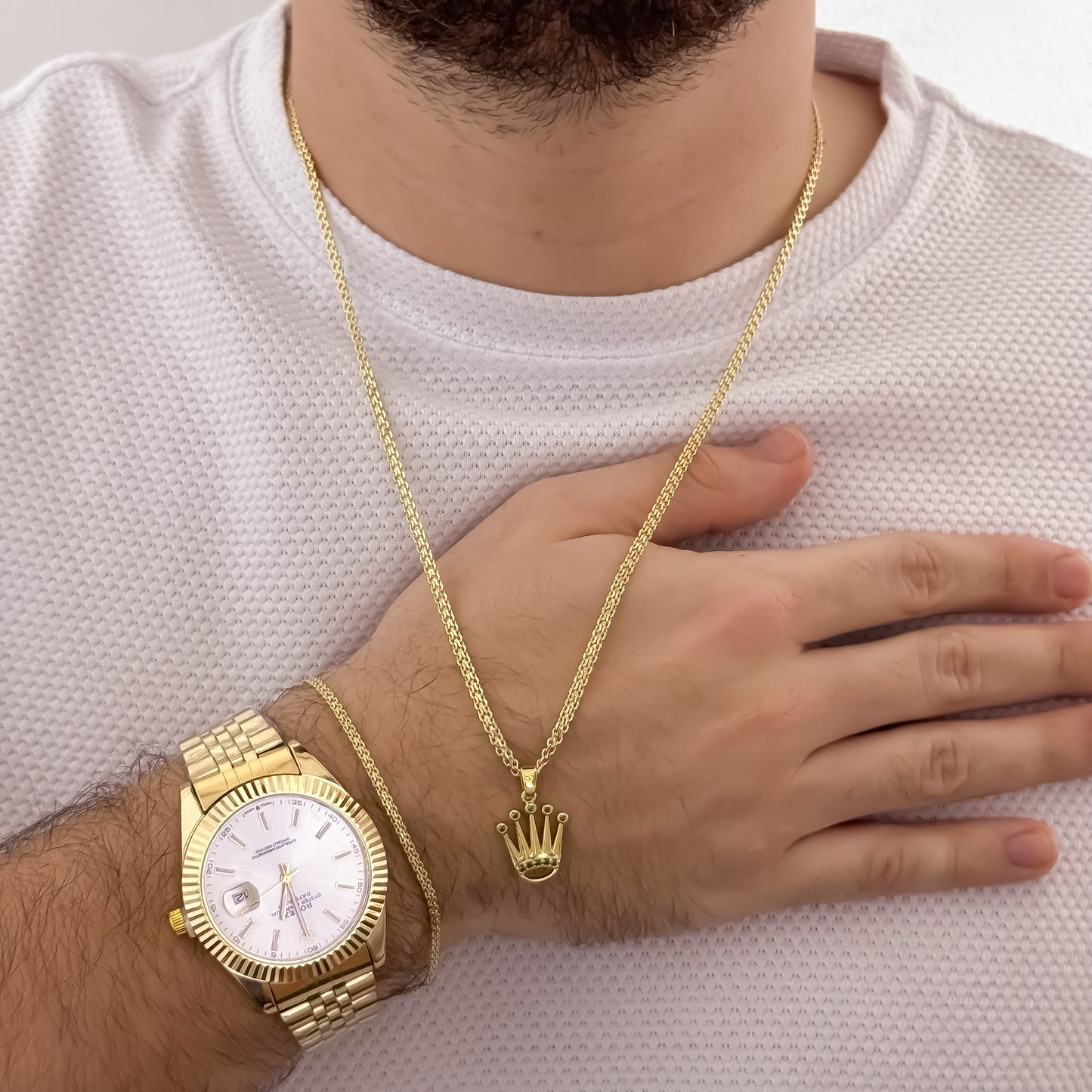 Cadena Tejido Chino Hombre de 60cm de 60cm de 3mm + Corona Rolex con Micro Circones verde + Pulsera Tejido Chino 20cm de 3mm en Oro Laminado 18k con Garantia de por vida  + Reloj Rolex 1.1 con Garantía