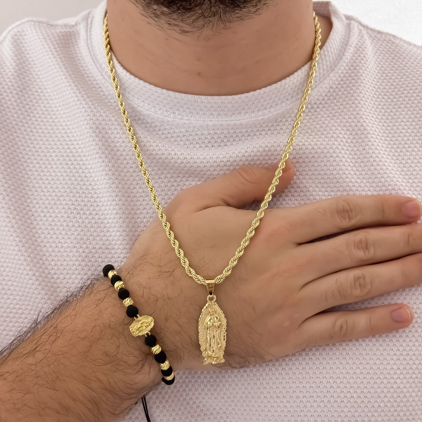 Cadena Tejido Lazo Siciliano de 60cm de 4mm + Virgen Guadalupe Tallada + Pulsera Virgen Guadalupe Tallada en Balin italiano de 5mm en Oro Laminado 18k con Garantia de por vida