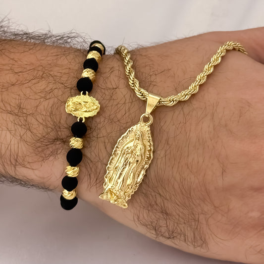 Cadena Tejido Lazo Siciliano de 60cm de 4mm + Virgen Guadalupe Tallada + Pulsera Virgen Guadalupe Tallada en Balin italiano de 5mm en Oro Laminado 18k con Garantia de por vida