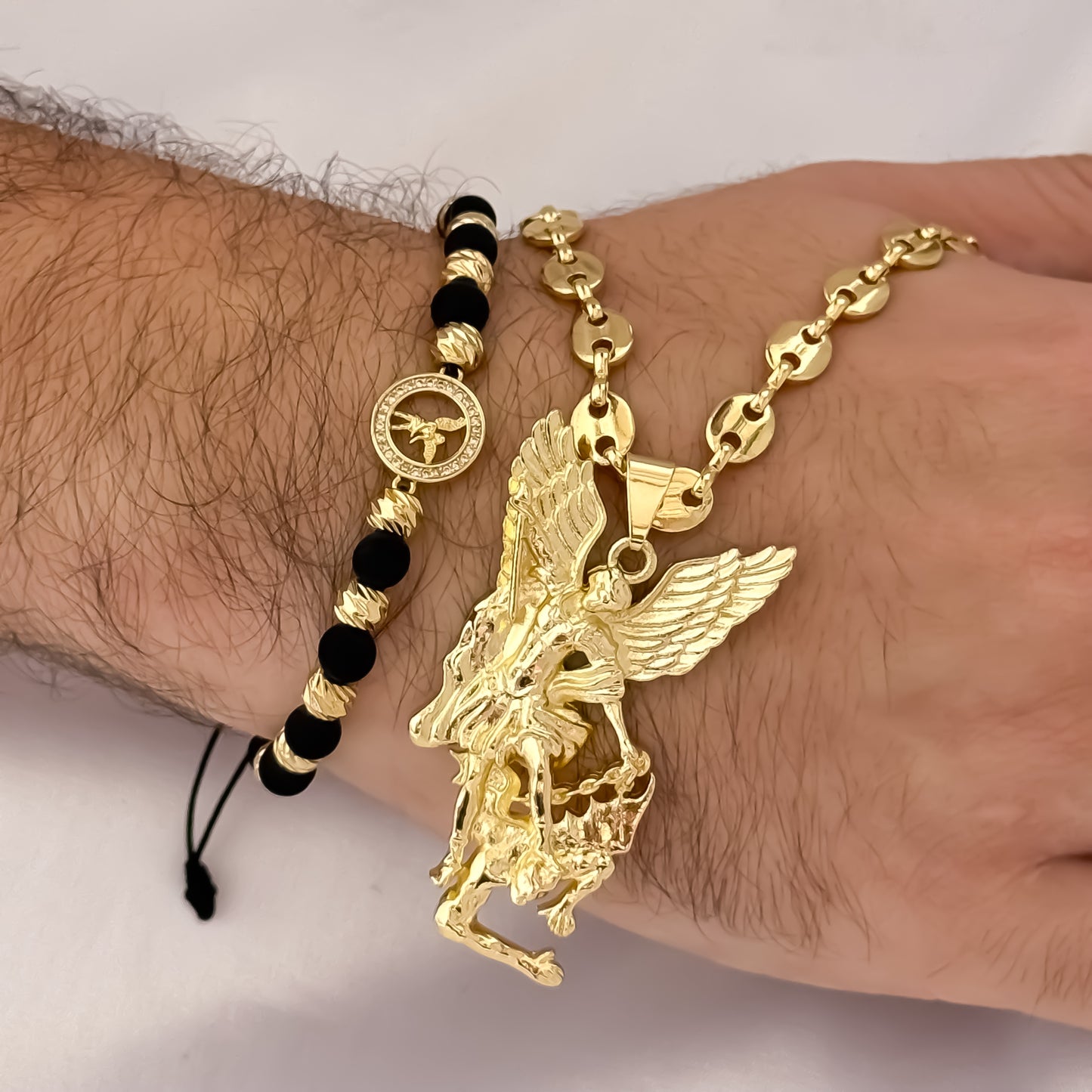 Cadena Tejido Gucci de hombre de 60cm de 5mm + San Miguel Arcangel Proteccion + Pulsera Balin Italiano de 5mm en Oro Laminado 18k con Garantia de por vida