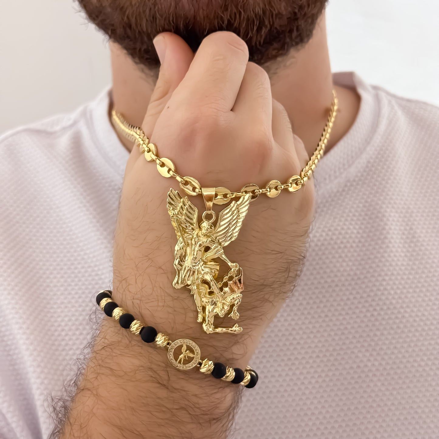 Cadena Tejido Gucci de hombre de 60cm de 5mm + San Miguel Arcangel Proteccion + Pulsera Balin Italiano de 5mm en Oro Laminado 18k con Garantia de por vida