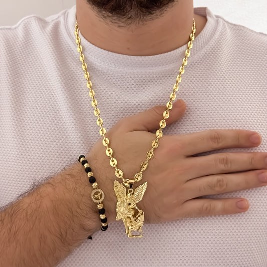 Cadena Tejido Gucci de hombre de 60cm de 5mm + San Miguel Arcangel Proteccion + Pulsera Balin Italiano de 5mm en Oro Laminado 18k con Garantia de por vida