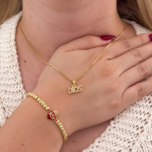 Cadena Tejido Veneciano de Dama de 45cm de 2mm + Dije de Dios con Micro Circones + Pulsera de Corazon de Jesus en Oro Laminado 18k con Garantia de por vida