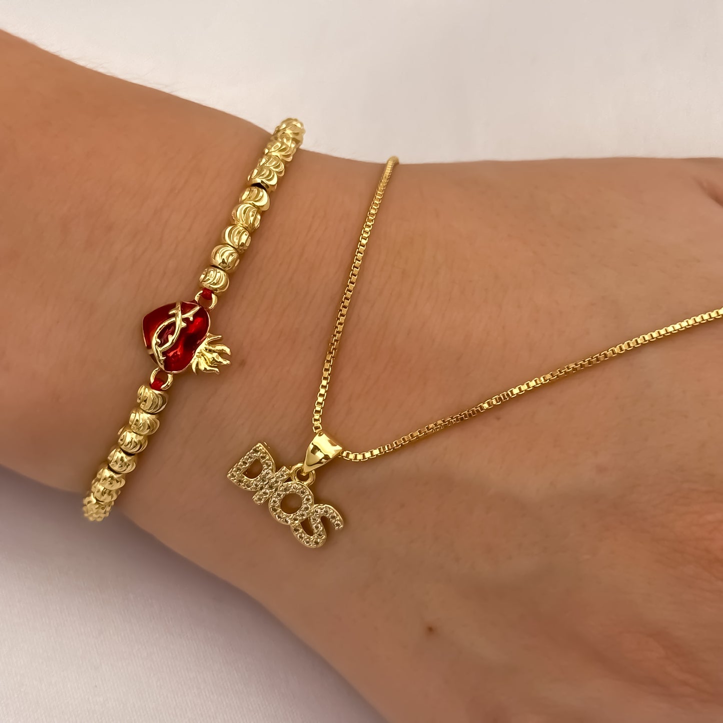 Cadena Tejido Veneciano de Dama de 45cm de 2mm + Dije de Dios con Micro Circones + Pulsera de Corazon de Jesus en Oro Laminado 18k con Garantia de por vida