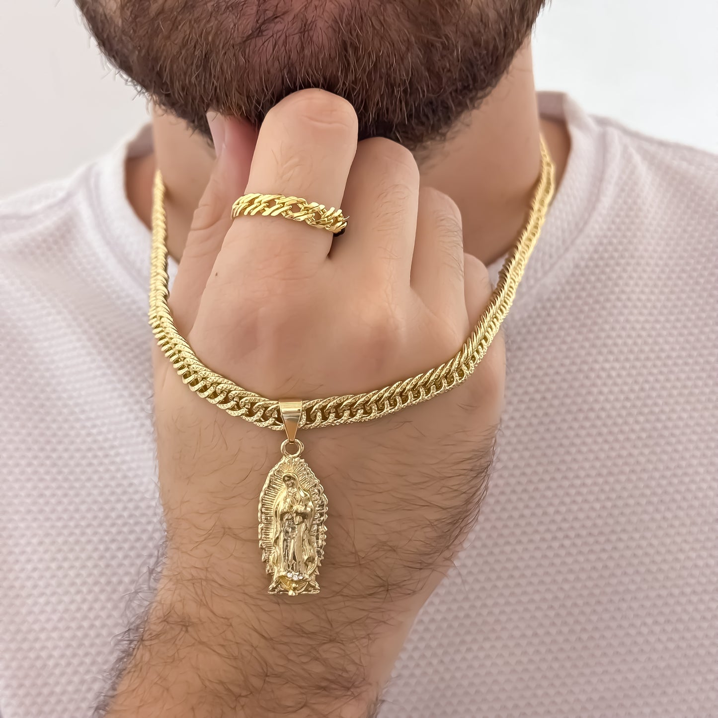 Cadena Tejido Cubana Continuar de 60cm de 5mm + Virgen de Guadalupe Tallada + Anillo Tejido Cubana Continua en Oro Laminado 18k con Garantia de por vida