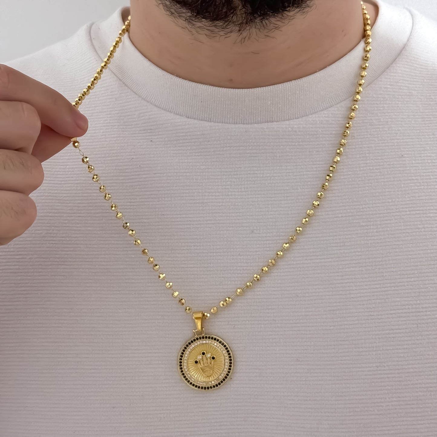 Cadena Tejido Militar Diamanatada de 60cm de 3,5 mm + Corona Rolex con Micro Circones Cristales - Negro en Oro Laminado 18k con Garantia de por vida