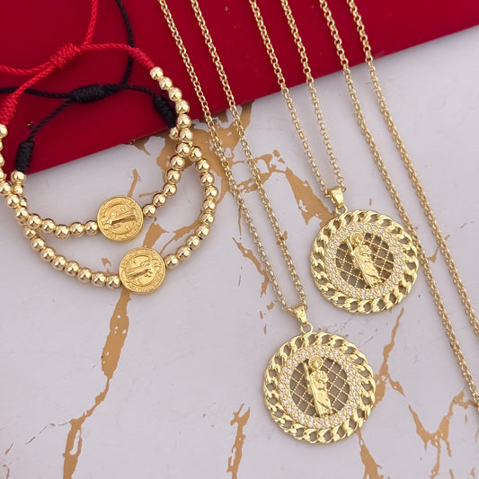 Cadenas para Parejas en Tejido Aros Cadena Hombre de 60cm + Cadena Dama + Dije de San Benito Proteccion + Pulseras de San Benito Proteccion en Parejas en Oro Laminado 18k con Garantia de por vida