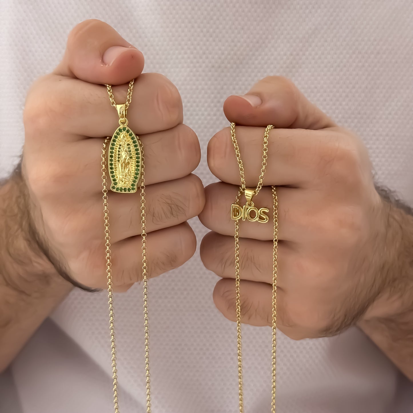 Promocion de Amor y Amistad Cadenas para Parejas de Hombre 60cm y Dama 45cm con Dije de  Virgen de Guadalupe Micro Circones Verde Esmeralda  + Dije de Dios   en Oro Laminado 18k con Garantia de por vida