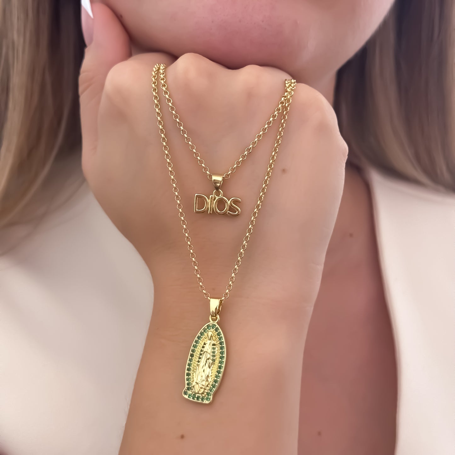 Promocion de Amor y Amistad Cadenas para Parejas de Hombre 60cm y Dama 45cm con Dije de  Virgen de Guadalupe Micro Circones Verde Esmeralda  + Dije de Dios   en Oro Laminado 18k con Garantia de por vida