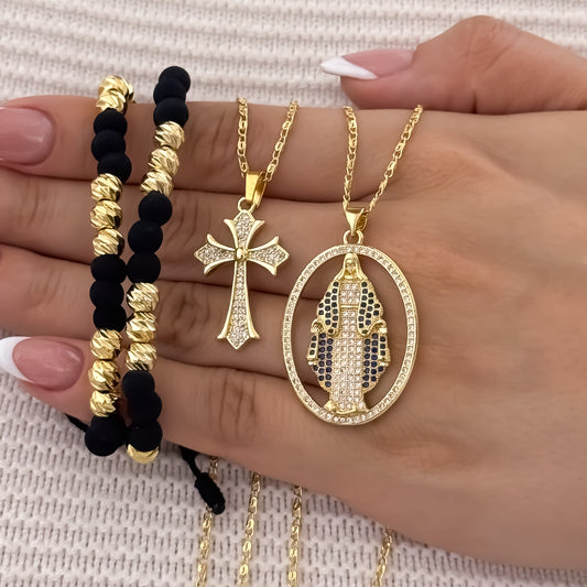 Promocion de Cadenas para Parejas en Tejido Caracol  Dama de 45cm + Virgen + Hombre de 60cm + Cruz Trebol + 2 Pulseras Balin Italiano de 6mm con Neopreno en Oro Laminado 18k con Garantia de por vida