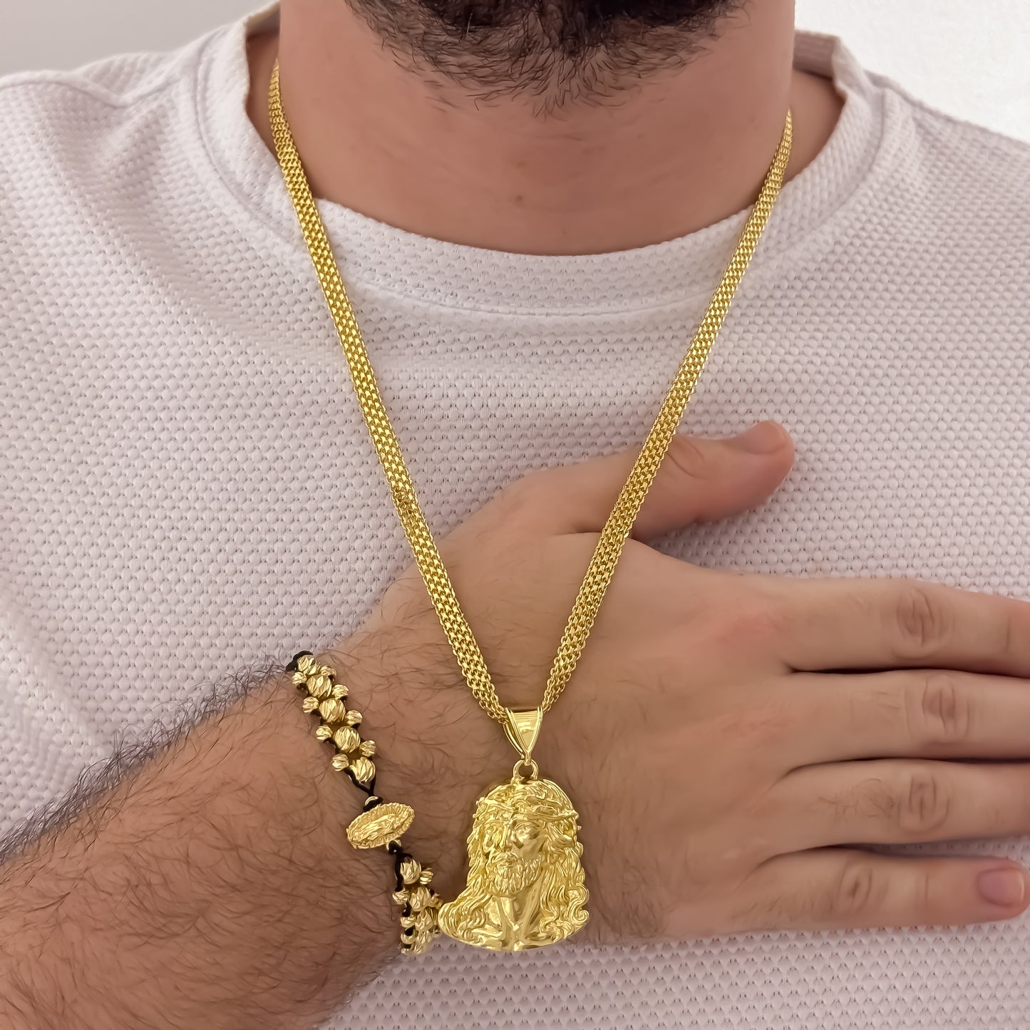 Cadena Tejido Chino Doble Carril Rostros de Jesús Tallado + Pulsera de Virgen de Guadalupe Tallada de 3 Carriles en Balin italiano de 6mm en Oro Laminado 18k con Garantia de por vida