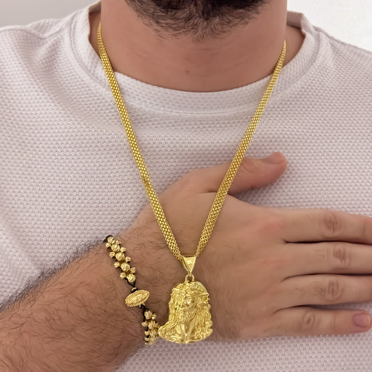 Cadena Tejido Chino Doble Carril Rostros de Jesús Tallado + Pulsera de Virgen de Guadalupe Tallada de 3 Carriles en Balin italiano de 6mm en Oro Laminado 18k con Garantia de por vida