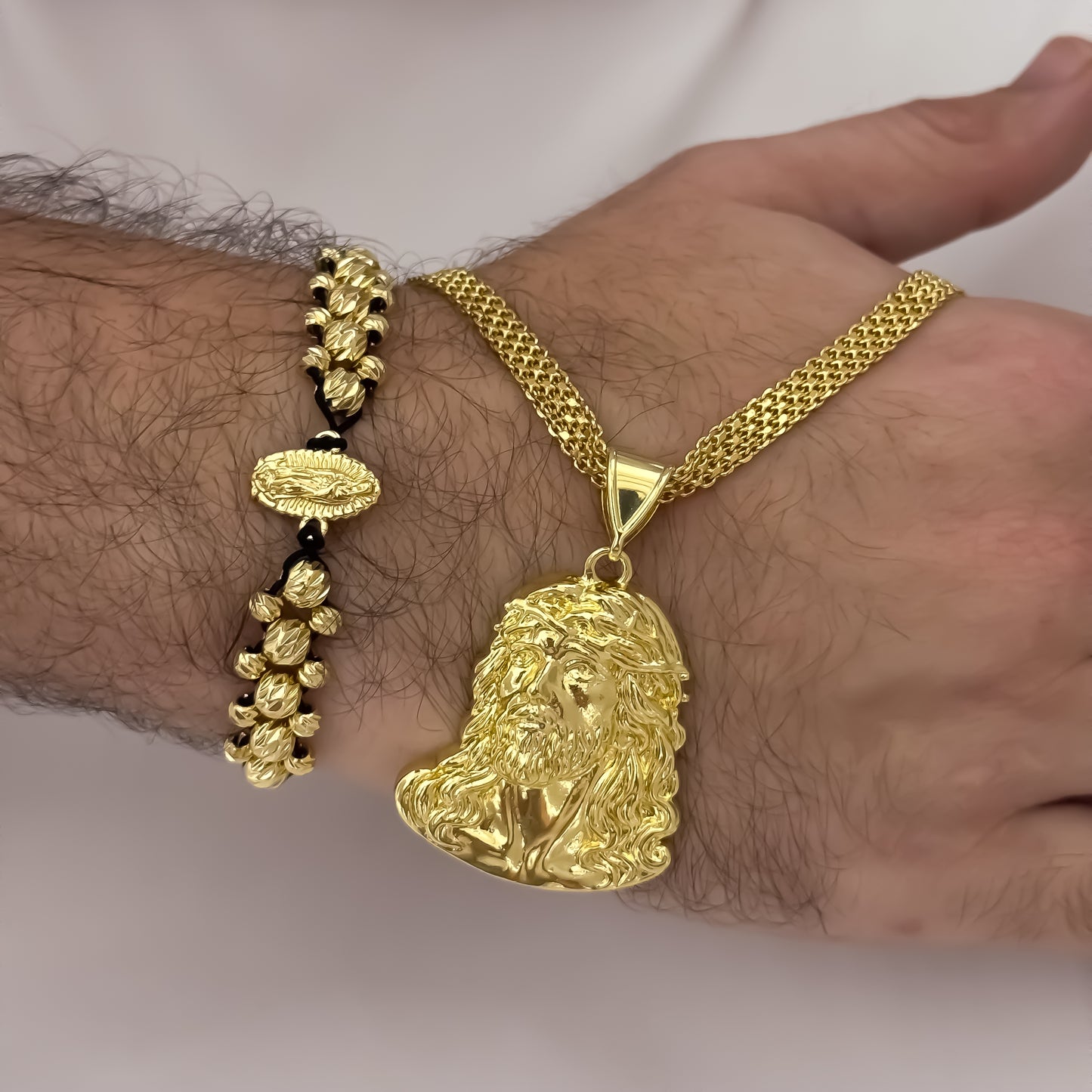 Cadena Tejido Chino Doble Carril Rostros de Jesús Tallado + Pulsera de Virgen de Guadalupe Tallada de 3 Carriles en Balin italiano de 6mm en Oro Laminado 18k con Garantia de por vida