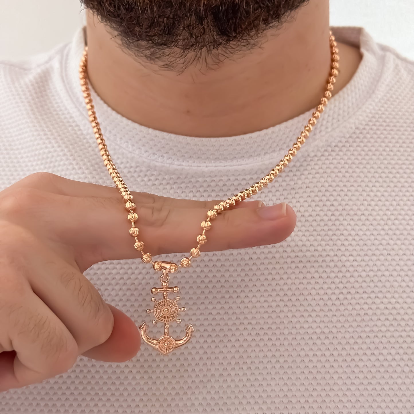 Cadena Tejido Militar Diamantada Rosada de 60cm de 4mm + Ancla Tallada en Oro Rosa en Oro Laminado 18k con Garantia de por vida