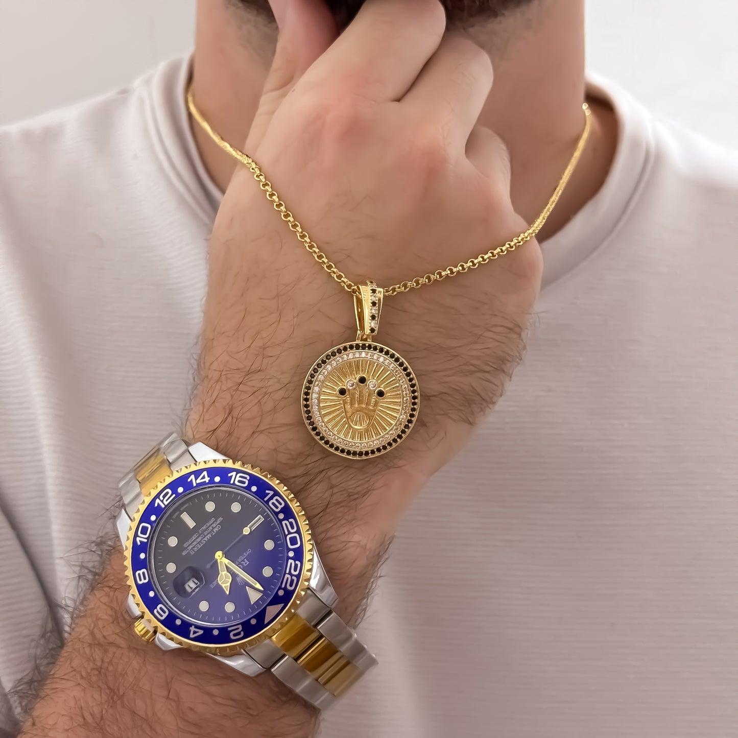 Cadena Tejido Cubana Delgada de 60cm + Rolex con Micro Circones + Reloj Bicolor Rolex Azul  1.1 en Oro Laminado 18k con Garantia de por vida