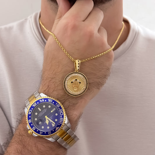 Cadena Tejido Cubana Delgada de 60cm + Rolex con Micro Circones + Reloj Bicolor Rolex Azul  1.1 en Oro Laminado 18k con Garantia de por vida