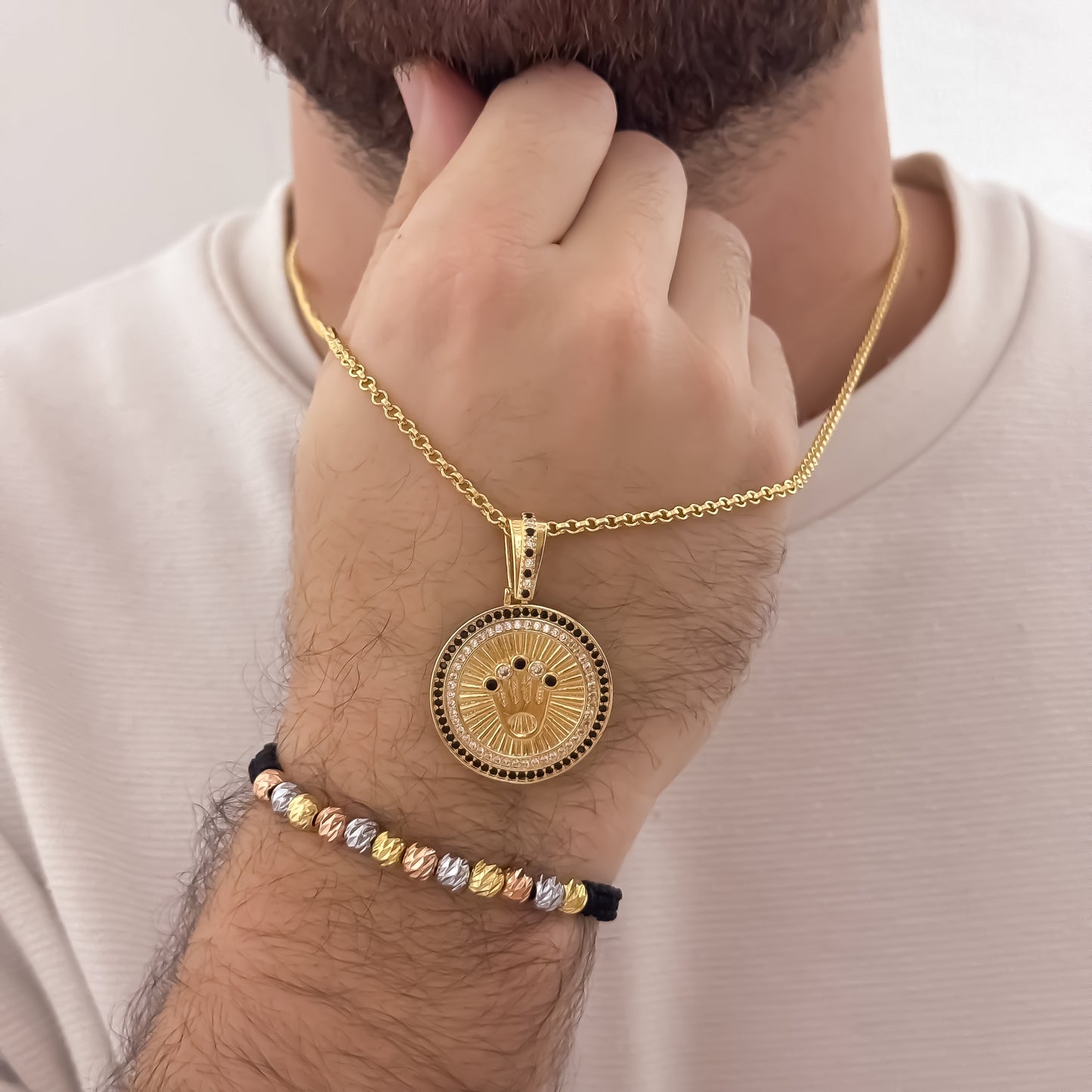 Cadena Tejido Aros de Hombre de 60cm de 2mm + Corona Rolex con Micro Circones Verde Esmeralda + Pulsera Balin Italiano de 6mm de 3OROS en Oro Laminado 18k con Garantia de por vida