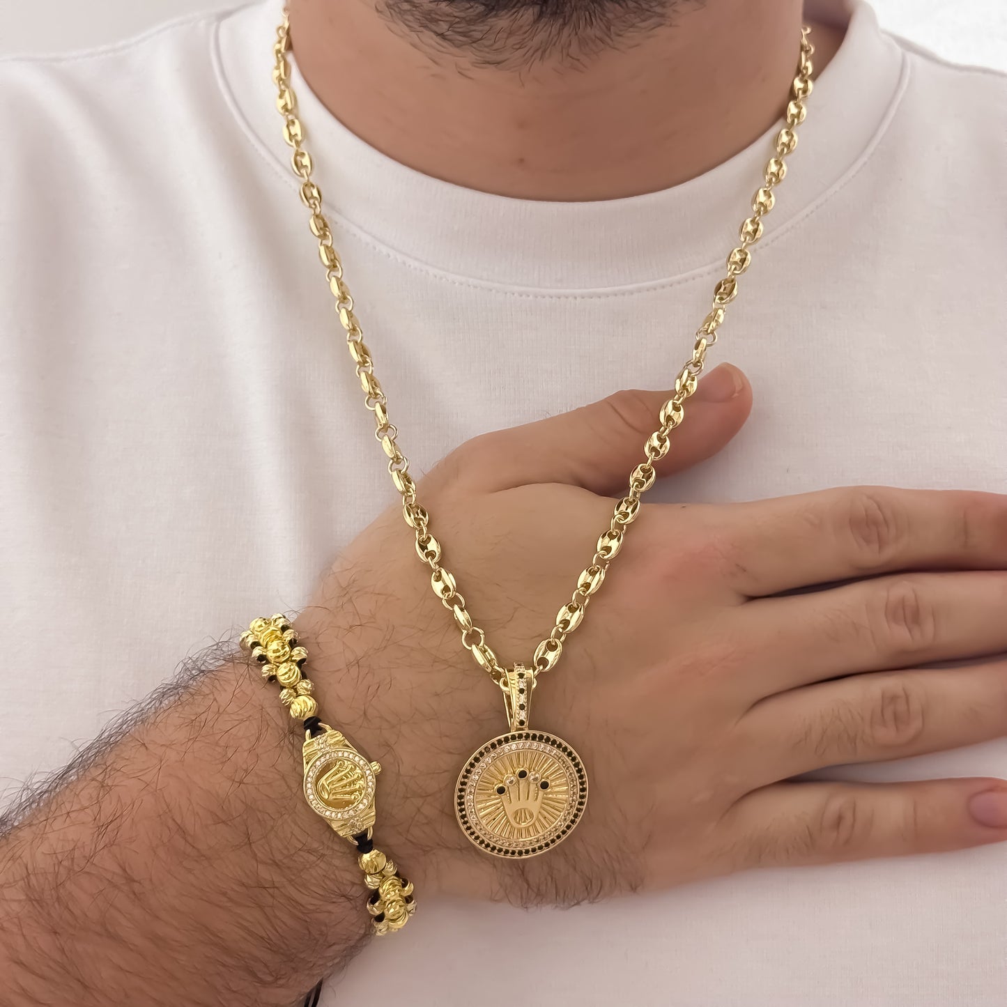 Cadena Tejido Gucci de Hombre de 60cm + Corona Rolex con Micro Circones Cristales + Pulsera Rolex en Balin Italiano de 3 Carriles en Oro Laminado 18k con Garantia de por vida