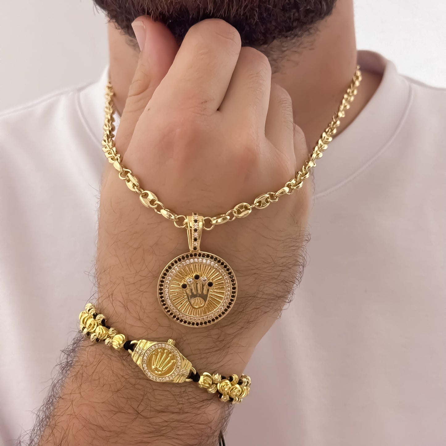 Cadena Tejido Gucci de Hombre de 60cm + Corona Rolex con Micro Circones Cristales + Pulsera Rolex en Balin Italiano de 3 Carriles en Oro Laminado 18k con Garantia de por vida
