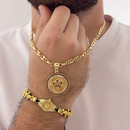 Cadena Tejido Gucci de Hombre de 60cm + Corona Rolex con Micro Circones Cristales + Pulsera Rolex en Balin Italiano de 3 Carriles en Oro Laminado 18k con Garantia de por vida