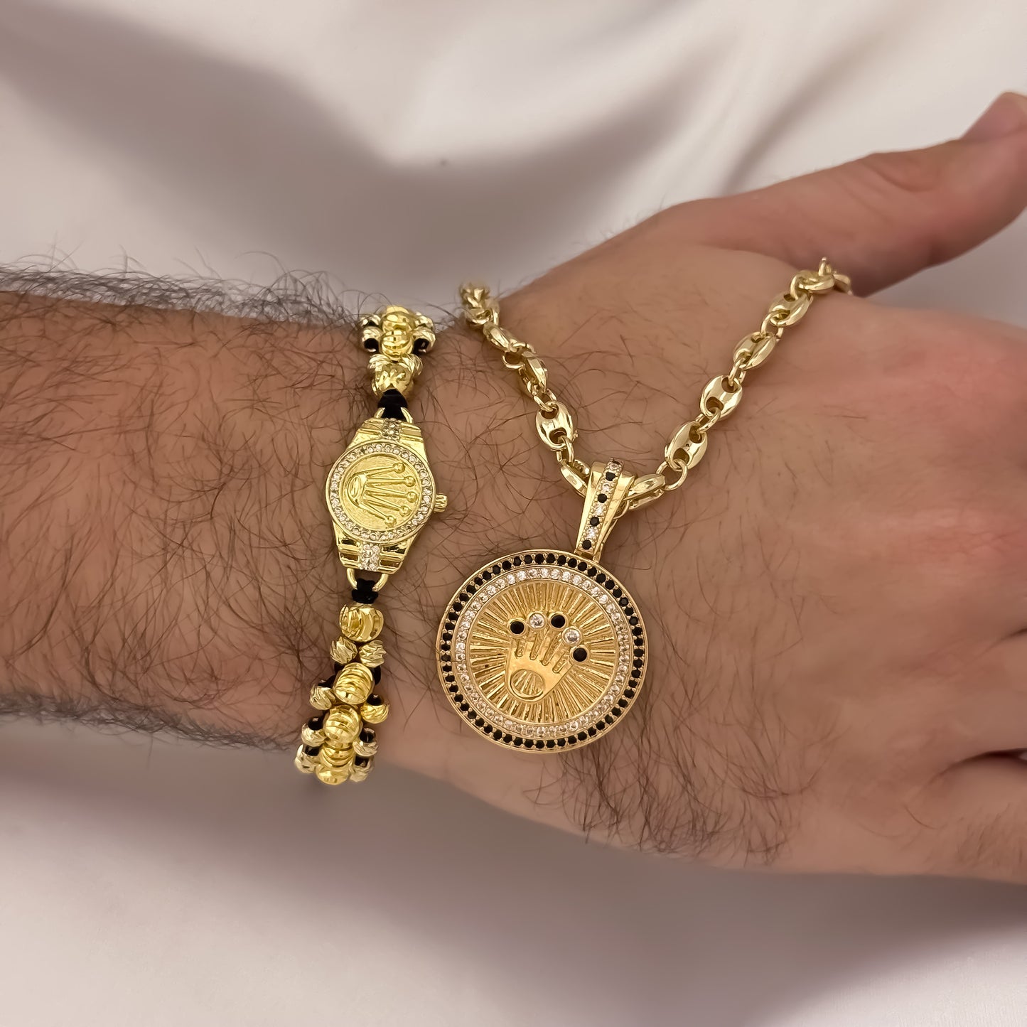 Cadena Tejido Gucci de Hombre de 60cm + Corona Rolex con Micro Circones Cristales + Pulsera Rolex en Balin Italiano de 3 Carriles en Oro Laminado 18k con Garantia de por vida