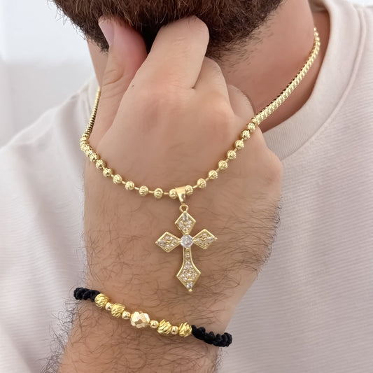 Cadena Tejido Militar Diamantada 60cm de 4mm + Cruz Trebol con Micro Circones Cristales + Pulsera Diamantada  en Oro Laminado 18k con Garantia de por vida