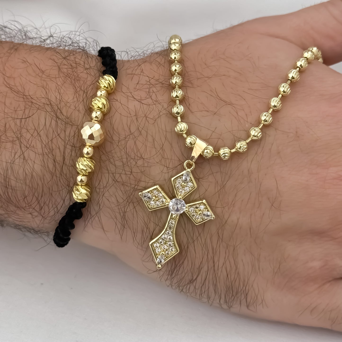 Cadena Tejido Militar Diamantada 60cm de 4mm + Cruz Trebol con Micro Circones Cristales + Pulsera Diamantada  en Oro Laminado 18k con Garantia de por vida