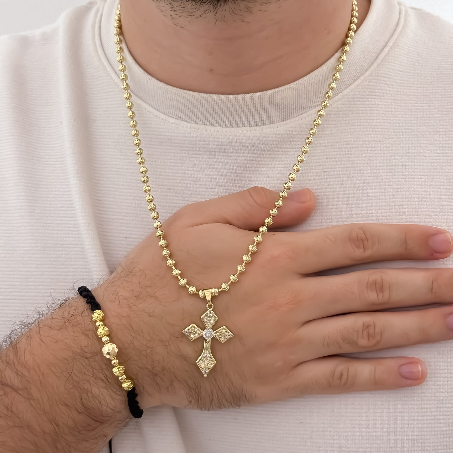 Cadena Tejido Militar Diamantada 60cm de 4mm + Cruz Trebol con Micro Circones Cristales + Pulsera Diamantada  en Oro Laminado 18k con Garantia de por vida