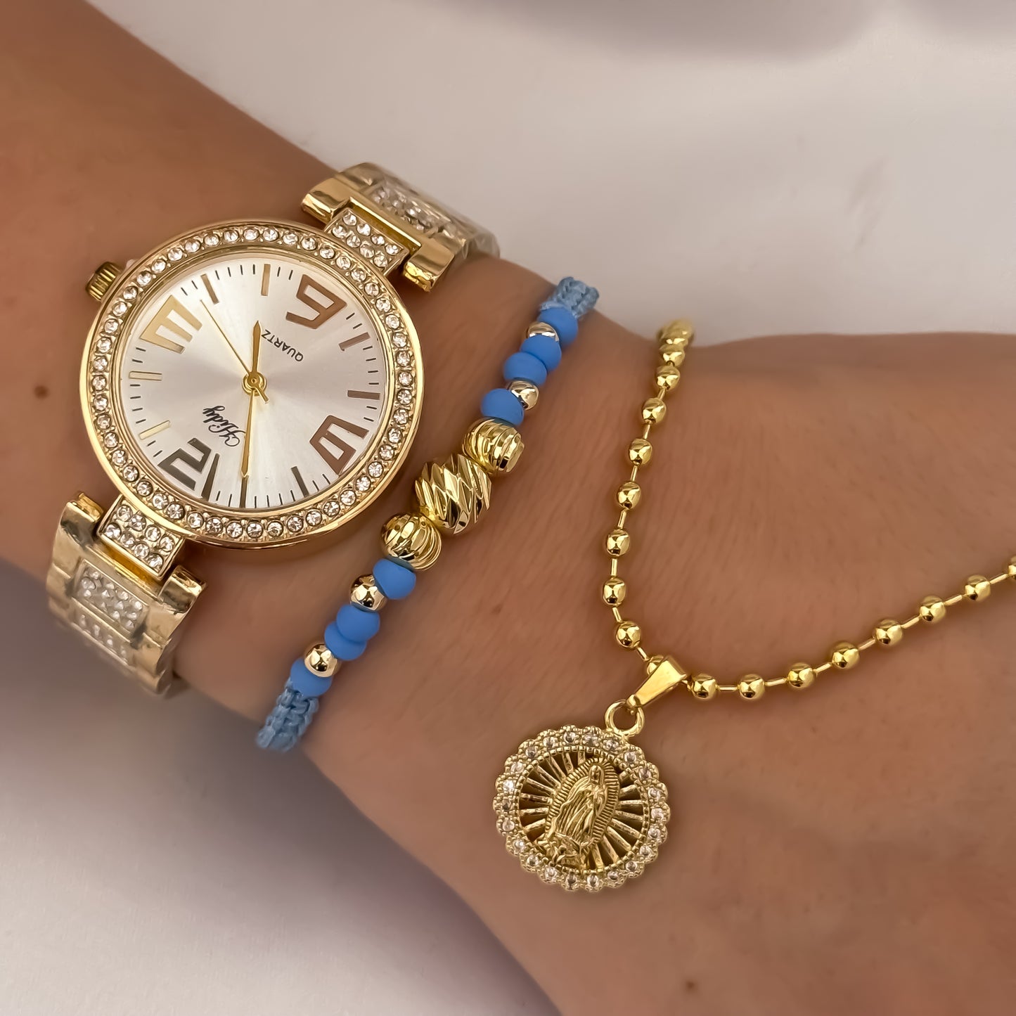 Cadena Tejido Militar de Dama de 45cm + Virgen de Guadalupe Tallada + Pulsera Diamantada + Reloj Hilfet Micro circones en Oro Laminado 18k con Garantia de por vida