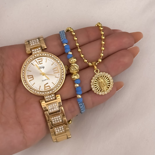 Cadena Tejido Militar de Dama de 45cm + Virgen de Guadalupe Tallada + Pulsera Diamantada + Reloj Hilfet Micro circones en Oro Laminado 18k con Garantia de por vida