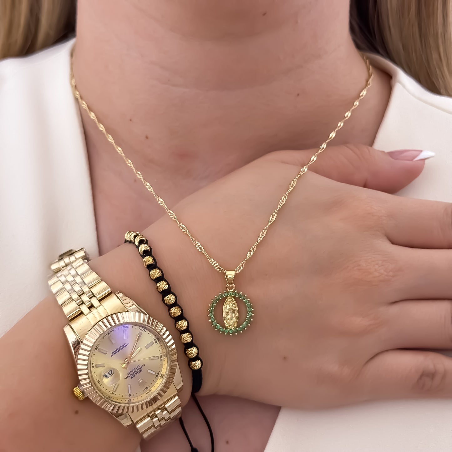 Cadena Tejido Singapur de Dama de 45cm + Virgen de Guadalupe Tallada  Verde + Pulsera Balin de 4mm + Reloj Rolex de Dama en Oro Laminado 18k