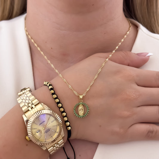 Cadena Tejido Singapur de Dama de 45cm + Virgen de Guadalupe Tallada  Verde + Pulsera Balin de 4mm + Reloj Rolex de Dama en Oro Laminado 18k