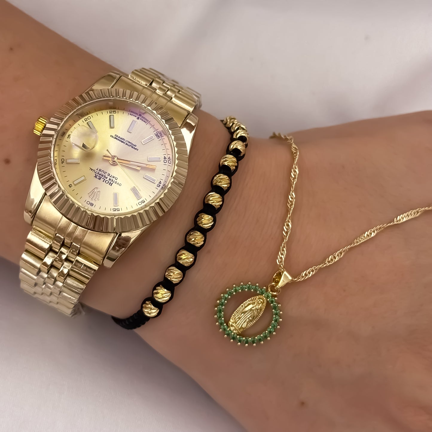 Cadena Tejido Singapur de Dama de 45cm + Virgen de Guadalupe Tallada  Verde + Pulsera Balin de 4mm + Reloj Rolex de Dama en Oro Laminado 18k