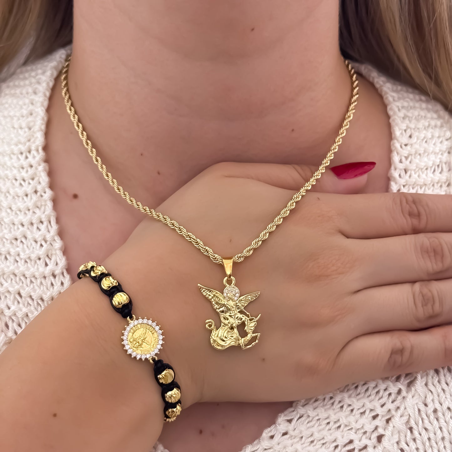 Cadena Tejido Lazo Siciliano de Dama de 45cm de 3mm + San Miguel Arcangel + Pulsera San Miguel Balin Italiano de 6mm en Oro Laminado 18k con Garantia de por vida