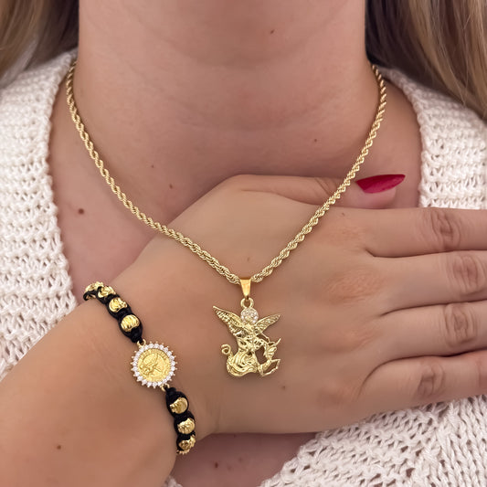 Cadena Tejido Lazo Siciliano de Dama de 45cm de 3mm + San Miguel Arcangel + Pulsera San Miguel Balin Italiano de 6mm en Oro Laminado 18k con Garantia de por vida