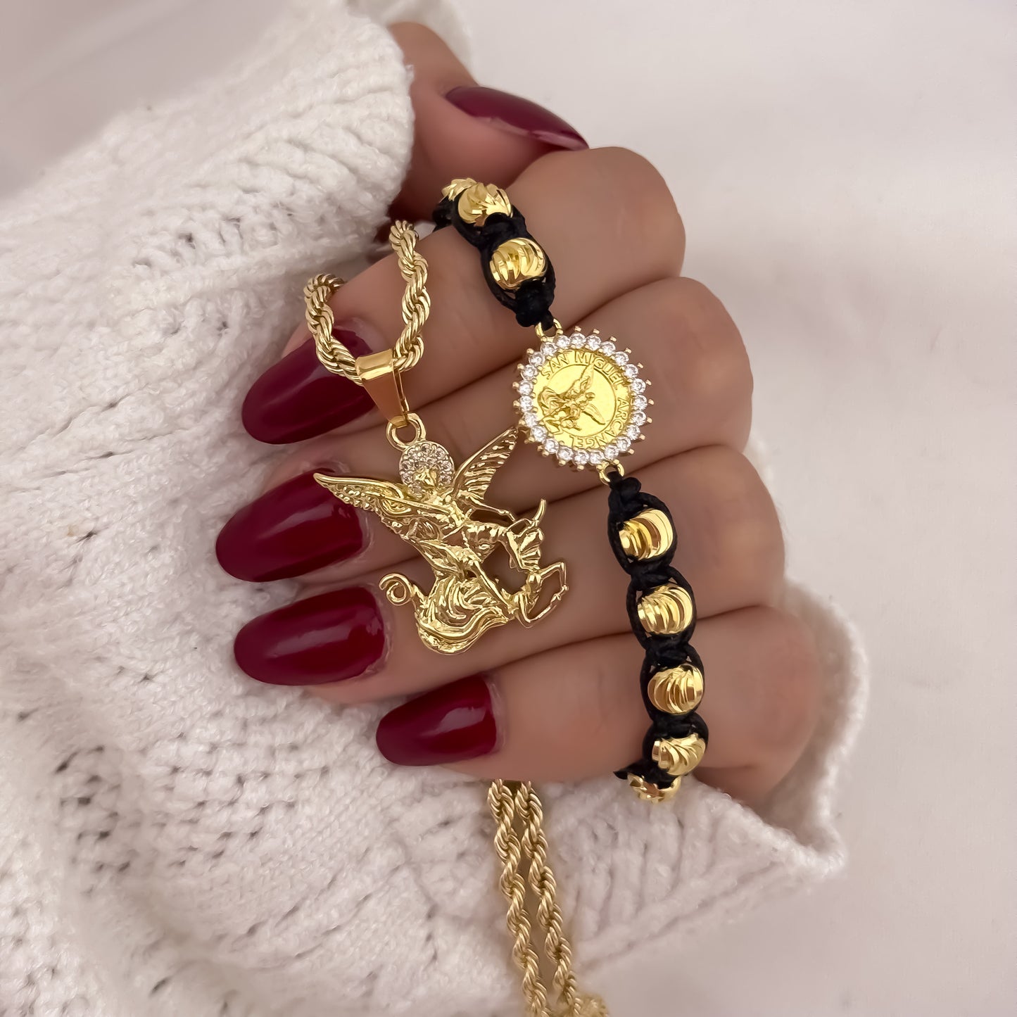 Cadena Tejido Lazo Siciliano de Dama de 45cm de 3mm + San Miguel Arcangel + Pulsera San Miguel Balin Italiano de 6mm en Oro Laminado 18k con Garantia de por vida