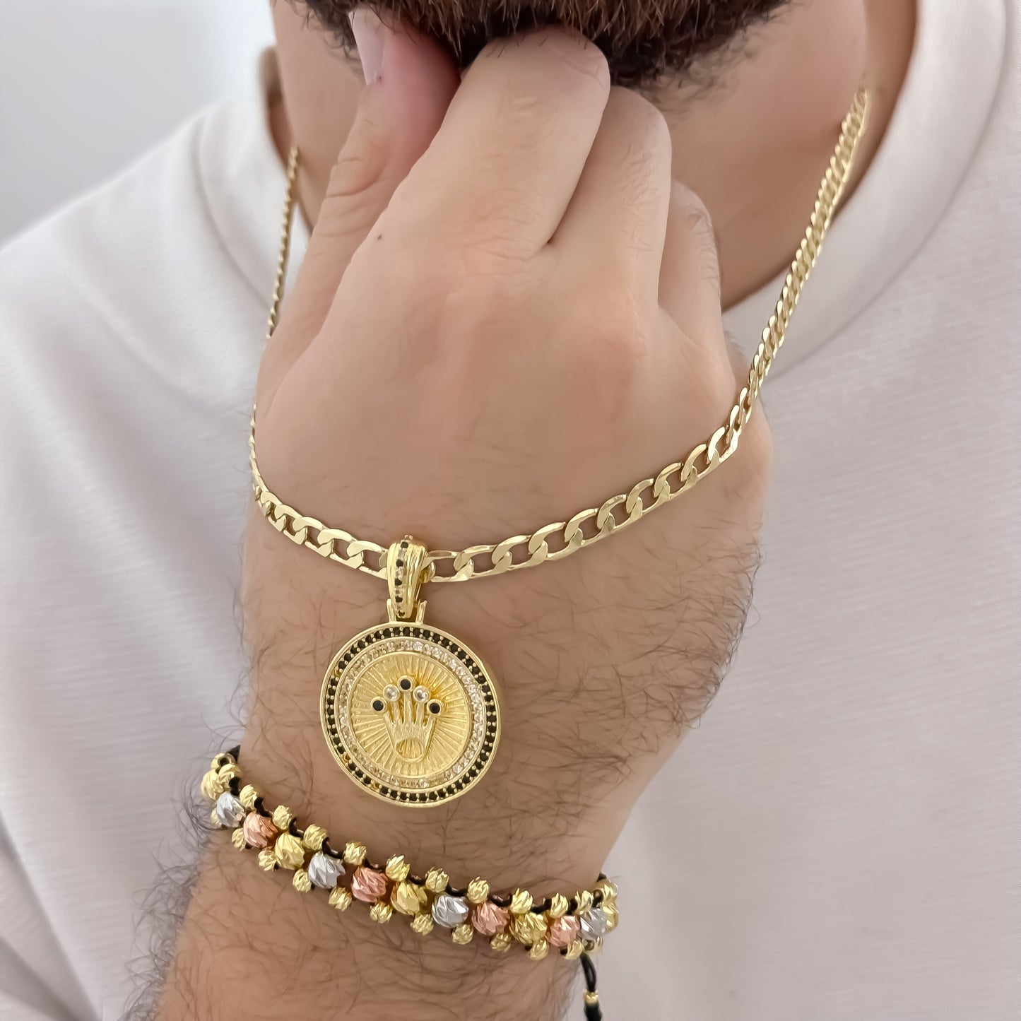 Cadena Tejido Cubana Gruesa de 60cm de 5mm + Corona Rolex Con Micro Circones Cristales + Pulseras de 3 Oros en Balin italiano de 3 Carriles en Oro Laminado 18k con Garantia de por vida