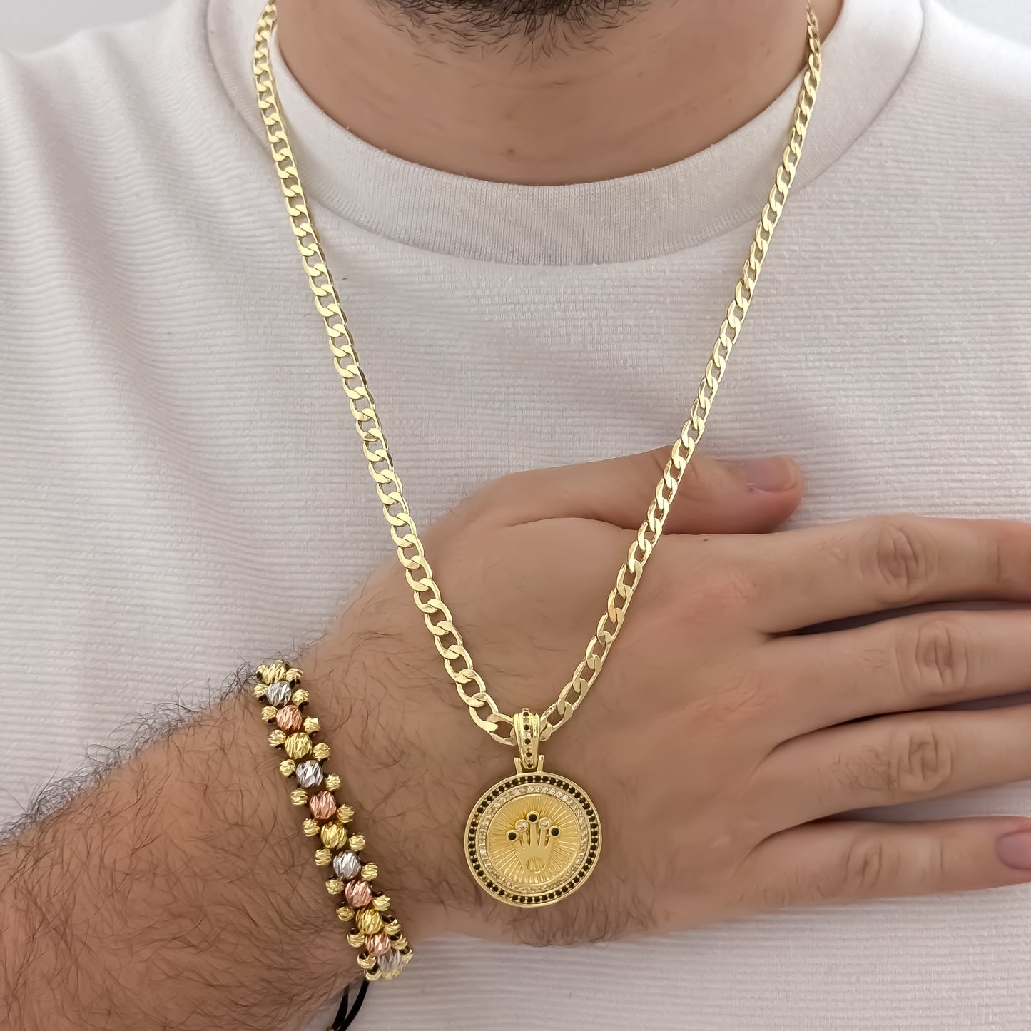 Cadena Tejido Cubana Gruesa de 60cm de 5mm + Corona Rolex Con Micro Circones Cristales + Pulseras de 3 Oros en Balin italiano de 3 Carriles en Oro Laminado 18k con Garantia de por vida