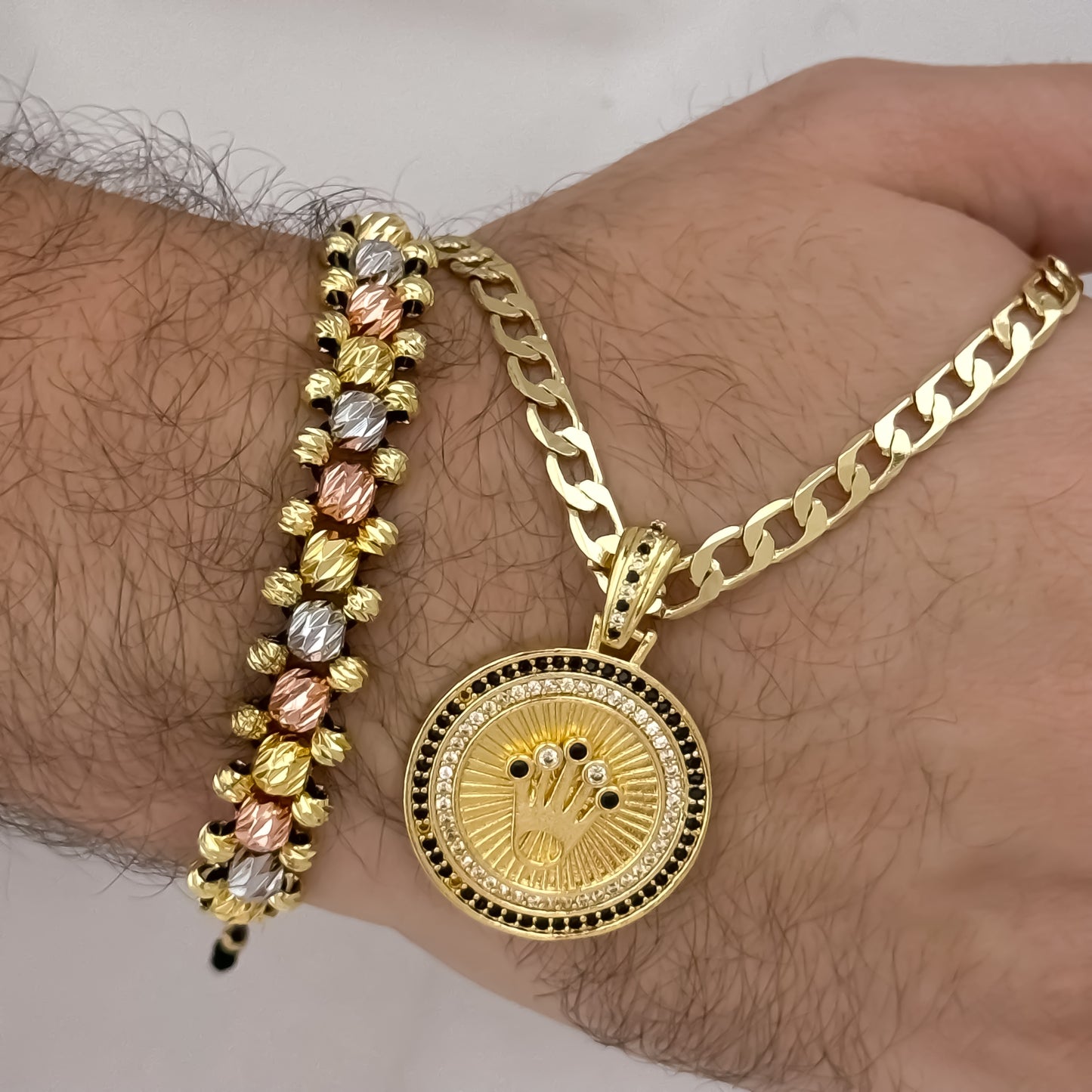 Cadena Tejido Cubana Gruesa de 60cm de 5mm + Corona Rolex Con Micro Circones Cristales + Pulseras de 3 Oros en Balin italiano de 3 Carriles en Oro Laminado 18k con Garantia de por vida