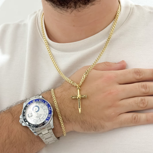 Conjunto Tejido Chino Cadena de 60cm de 4mm + Cruz Clavo + Pulsera Chino + Reloj Rolex Replica 1.1 en Oro Laminado 18k con Garantia de por vida